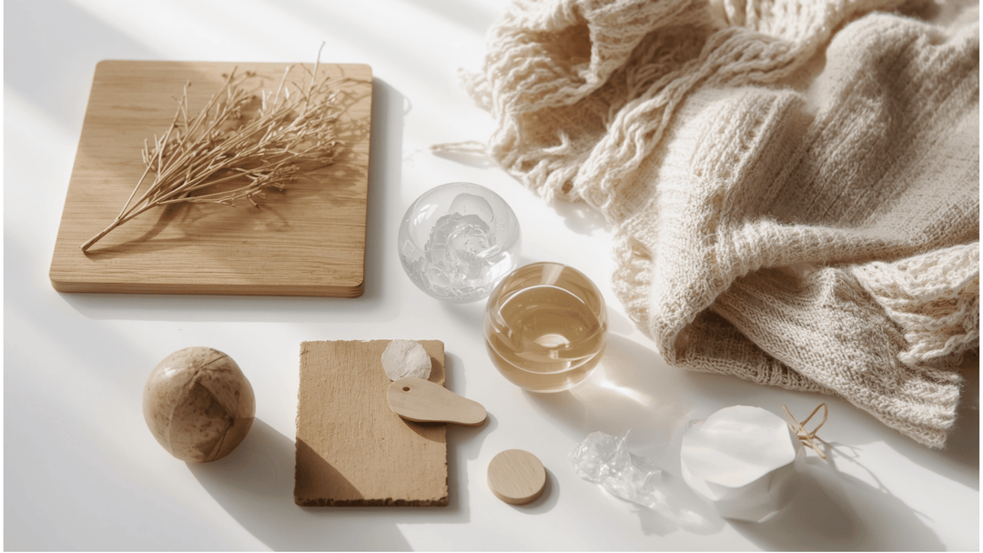 Composition de matériaux scandinaves : échantillons de bois clair, lin naturel, laine tricotée, céramique blanche et verre soufflé