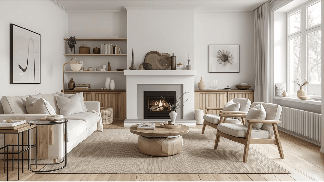 Photo d'ambiance : salon lumineux avec décoration scandinave épurée – tons neutres, bois clair, textiles naturels