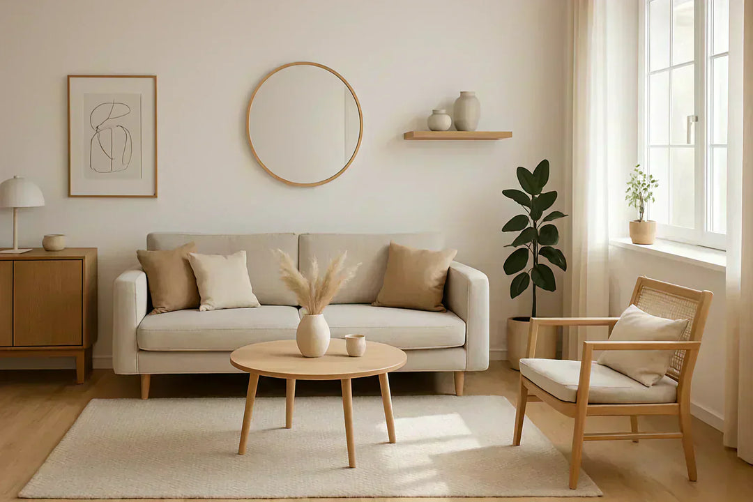 salon décoré en design scandinave composé d’un canapé, d’une chaise, d’une table basse et d’autres éléments décoratifs